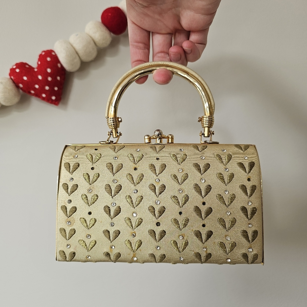 Vintage Structured Box Embroidered & Embellished Gold Tone Clutch‎ Handbag *Wear